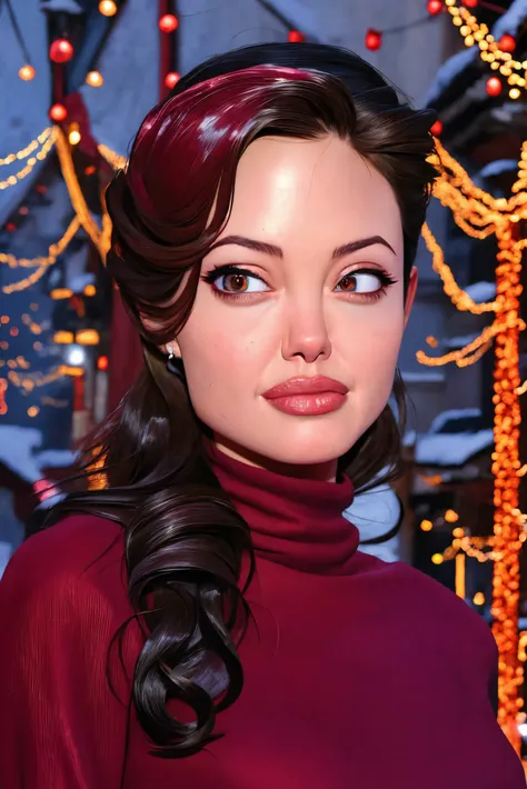 Angelina Jolie closeup, ,  beautiful,  closeup, upper body, 
,interior design,
abrasive,
Maroon shirt, 
 highres, detailed, well dressed, 
Snow-covered village and holiday lights at the background, best quality, masterpiece,   
<lora:Angelina:0.65>