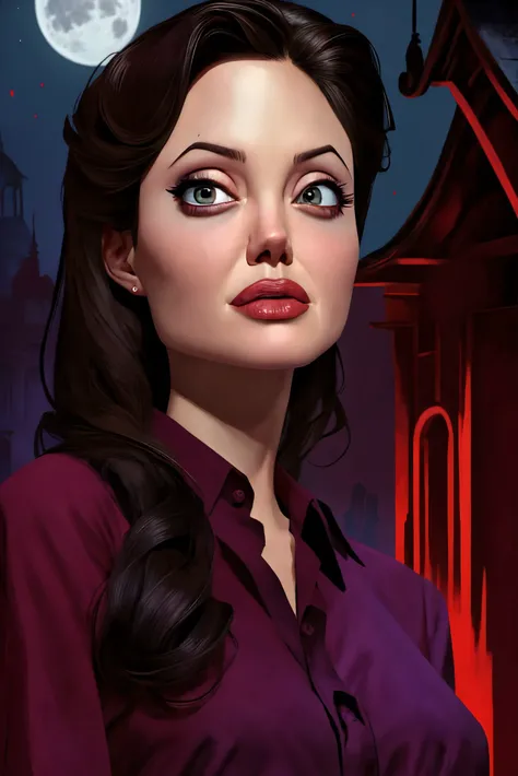 Angelina Jolie closeup, 1970s,  cute,  closeup, upper body, 
ivan kovalev style,interior design,
dramatic,
Maroon shirt, 
 highres, detailed, , 
Haunted mansion and full moon night at the background, best quality, masterpiece,   
<lora:Angelina:0.70>