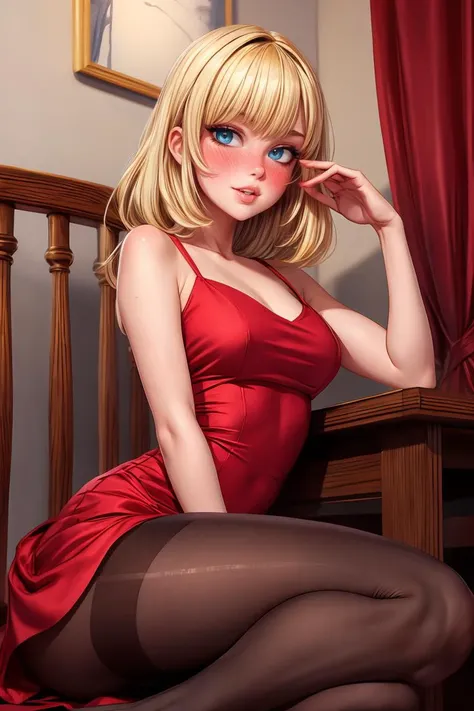 (masterpiece, best quality), 1girl, blonde hair, red dress, pantyhose, cute face, blush, <lora:add_detail:1>