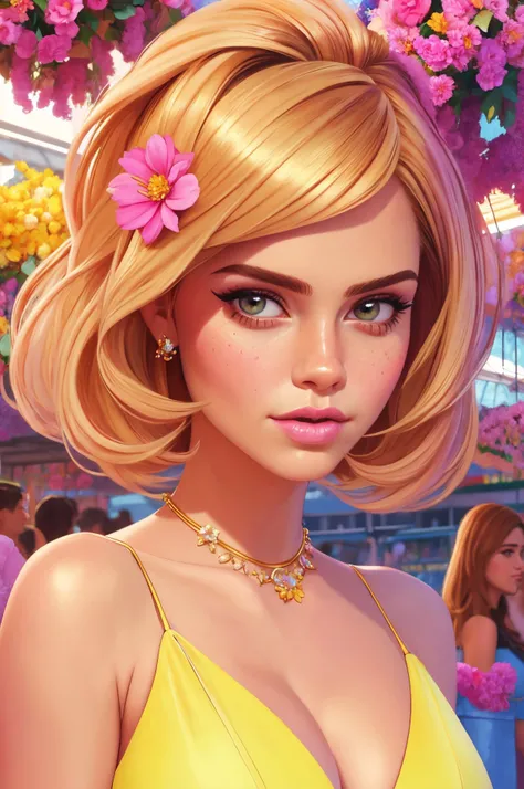 sassy style, puffy lips,
([Emma( :0)Watson|krystal boyd|Heidi( :0)Klum]:1.0), (audra( :0)miller:0.7),  detailed background,
soft face, , fit, parched,
8k masterpiece will illustrate a unique, Luminism painting,
Flower market and vibrant colors,
[cartoon, v...