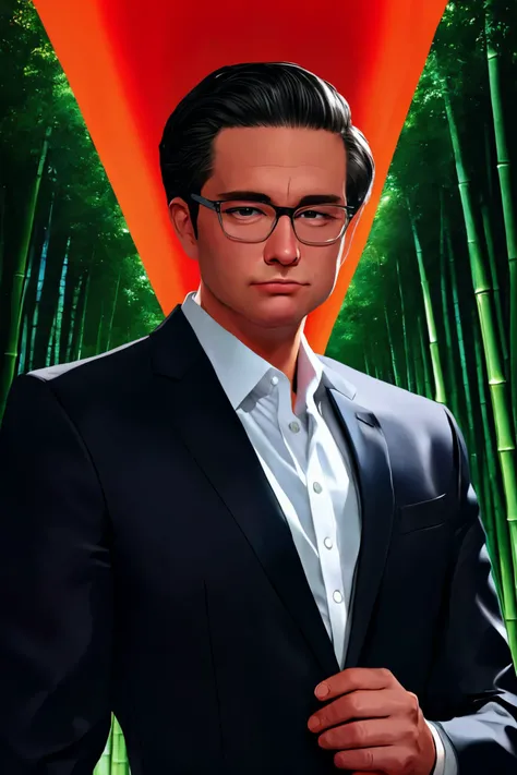 Pierre Poilievre face young and handsome, glasses, male focus, black hair, shirt, formal, suit, collared shirt, white shirt, jacket
Bamboo forest and light filtering through,
[(colorful explosion psychedelic paint colors:1.21)::2],
[cartoon, vector art, an...