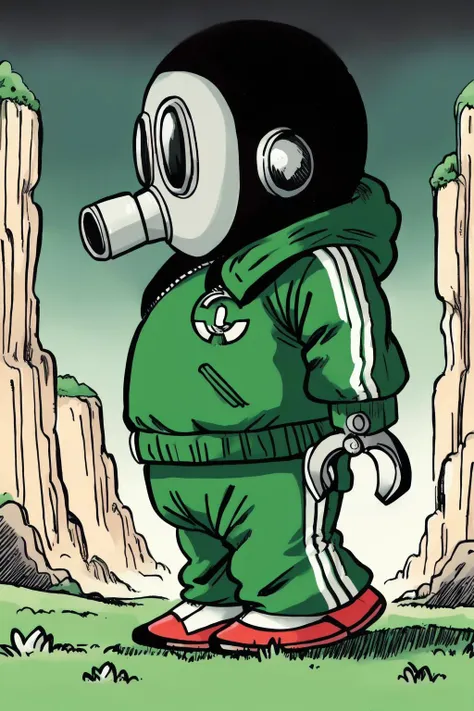 cartoon of a man in a gas mask and green tracksuit