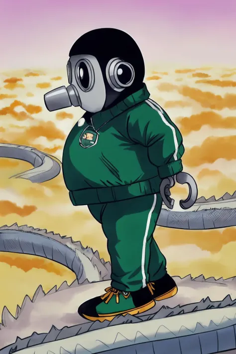 cartoon of a man in a gas mask and green tracksuit standing on a ledge