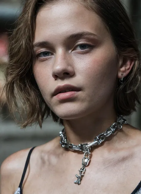 a close up of a woman with a necklace on her neck