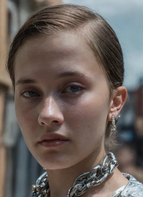 a close up of a woman with a necklace and earrings