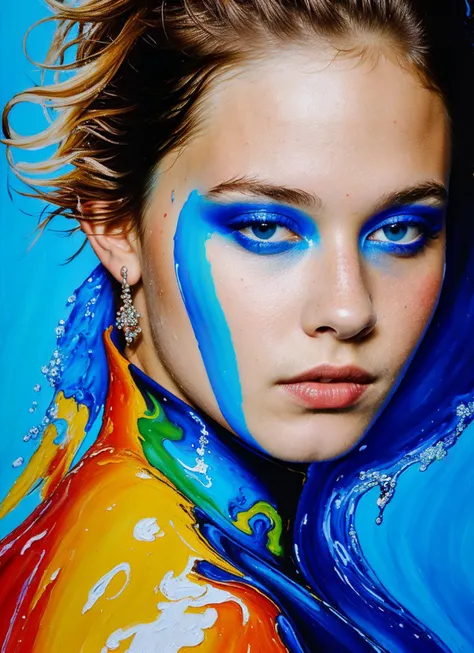 a close up of a woman with a colorful face paint