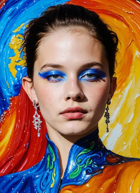 a close up of a woman with a colorful face paint