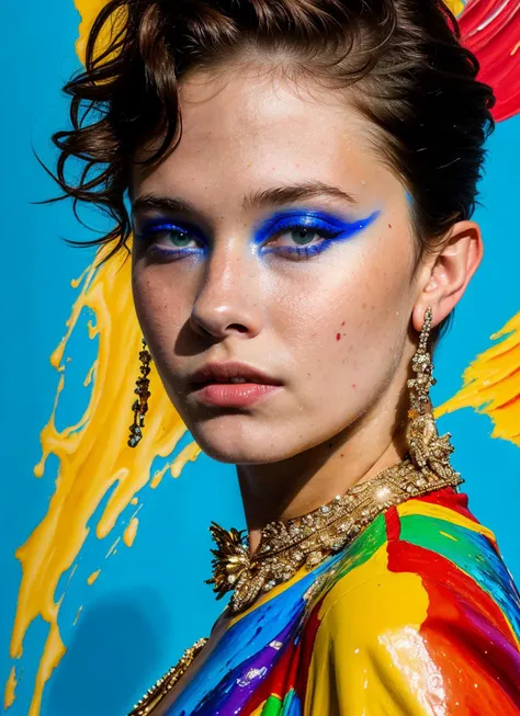 a close up of a woman with a colorful dress and a necklace