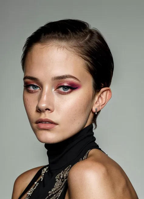 a woman with a black top and a gold chain necklace