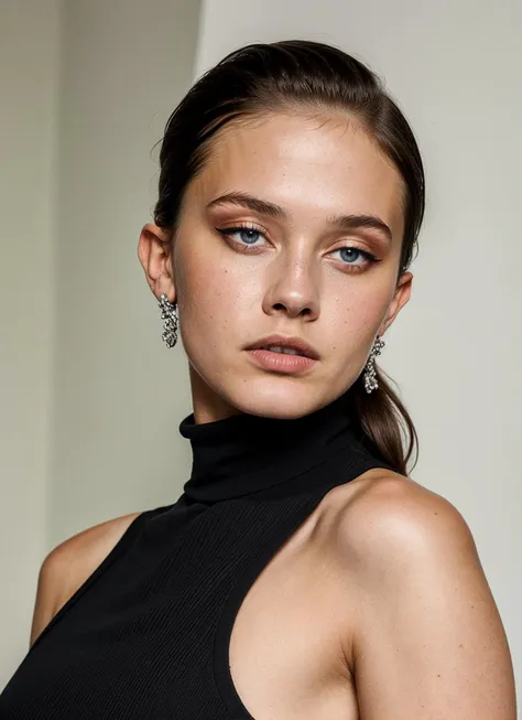 a woman in a black top and earrings poses for a picture