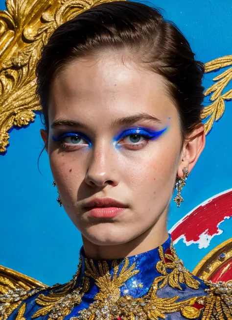 a woman with blue eyes and a gold dress with a blue eyeliner