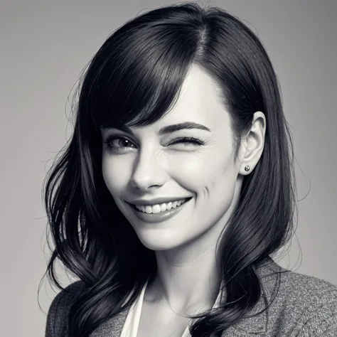 a woman with long hair smiling and wearing a gray jacket