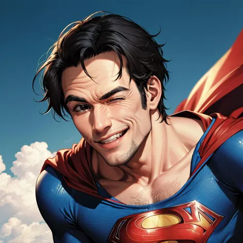 superman is smiling and flying in the sky