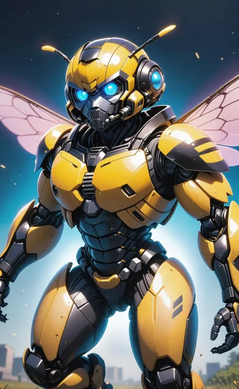 powerful glowing bumblebee, flying downwards towards the camera, front view, dynamic pose, low camera angle, highest quality