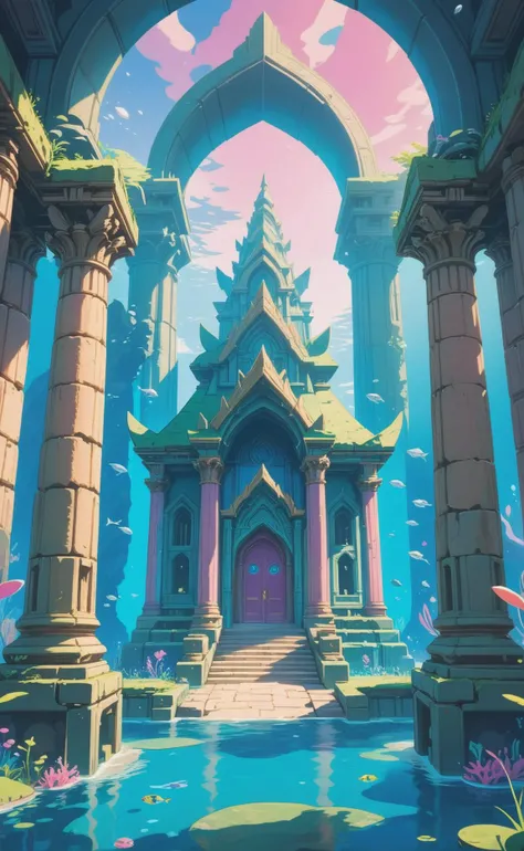 underwater temple, in the style of zelda breath of the wild, colorful pastel colors, inviting, expecting a hero, intricate details, beautiful architecture