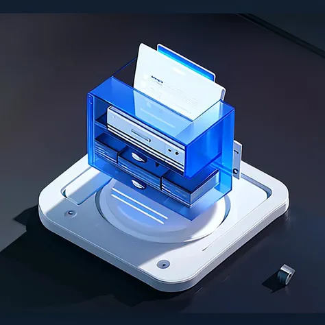 A blue and white filing cabinet and several books are placed on a white circular base.best quality, many details,4k,blender,octane render,C4D,transparent glass texture,DDicon,blue|green, frosted glass, transparent technology sense, industrial design,white ...