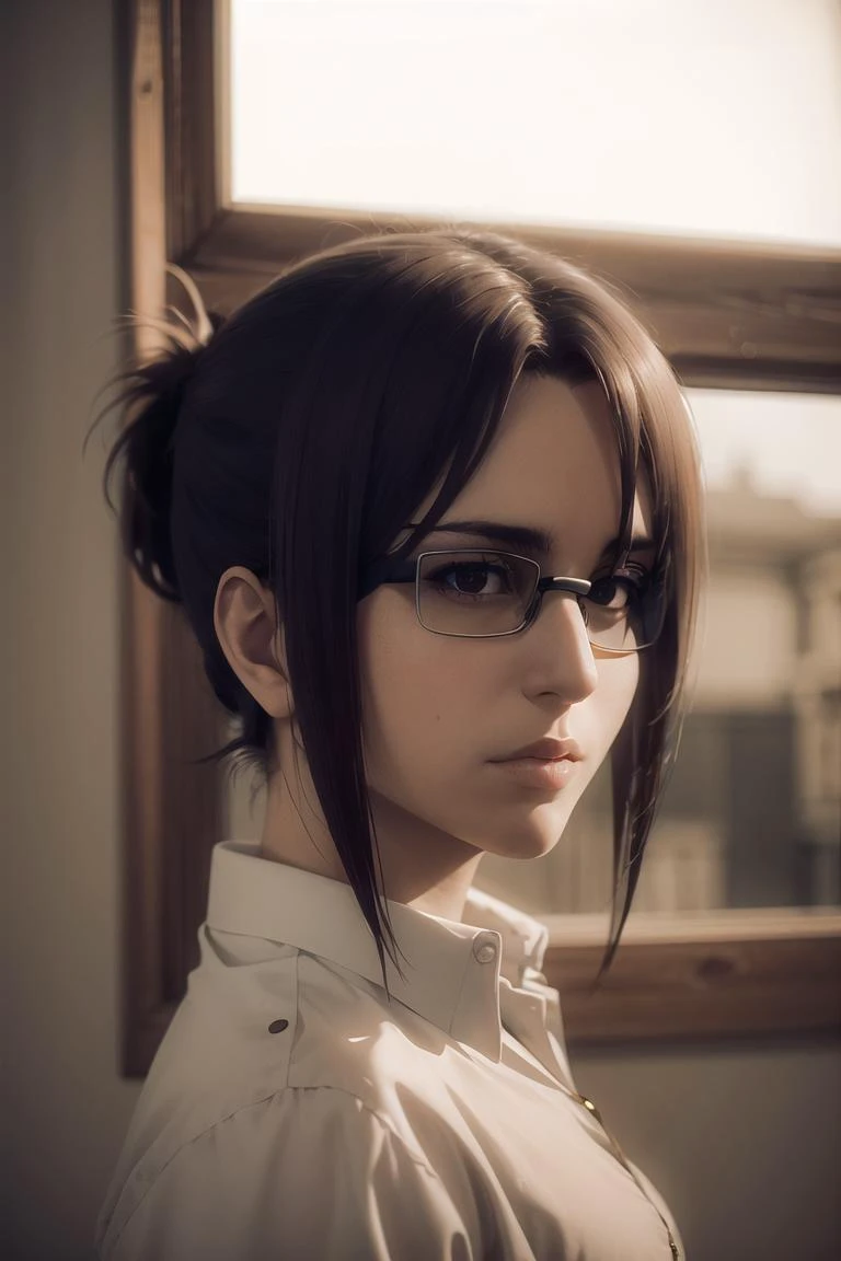 masterpiece, (photorealistic:1.4), best quality, beautiful lighting, HangeAOT, 1girl, solo, black_hair, glasses, eyepatch, brown_background, RAW photo, 8k uhd, film grain, <lora:HangeAOT:1>