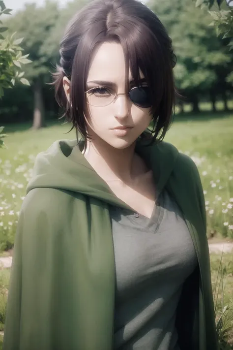 masterpiece, (photorealistic:1.4), best quality, beautiful lighting, HangeAOT, 1girl, solo, glasses, eyepatch, grass, cloak, RAW photo, 8k uhd, film grain, <lora:HangeAOT:1>