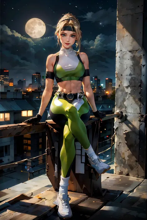 sonya, blonde hair, ponytail, earrings, headband, sports bra, midriff, green leggings, black gloves, jewelry,belt, white socks,white shoes, looking at viewer, serious, smirk, 
sitting, on railing, legs crossed, outside, city, building roof, night, full moo...