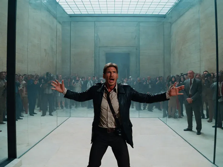 wide shot photo of angry <lora:Indiana Jones SDXL:0.99> Indianajones Person trapped inside a glass case inside the louvre, scared, hands on glass, screaming panic, crowds laughing and pointing, security guards standing in foreground