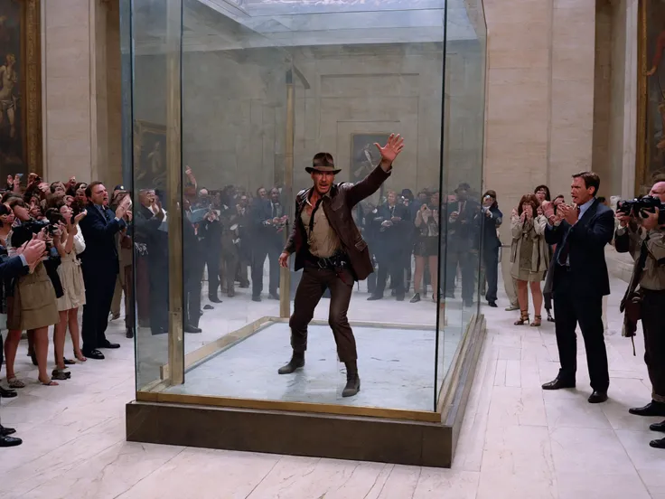 wide shot photo of angry <lora:Indiana Jones SDXL:0.99> Indianajones Person trapped inside a glass case inside the louvre, scared, hands on glass, screaming panic, crowds laughing and pointing, security guards standing in foreground