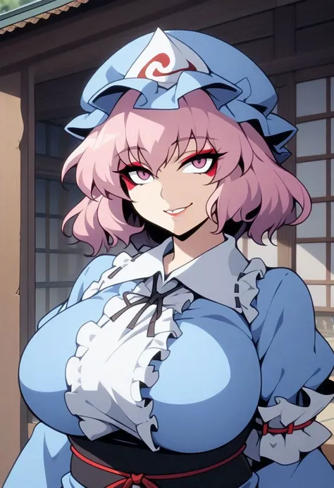 masterpiece, best quality, anime style, 
1girl, saigyouji yuyuko, touhou, 
pink hair, very short hair, mob cap, 
makeup, eyeshadow, eyelashes, lip, 
large breasts, 
plump, 
smile, 
constricted pupils, 
upper body, 
japanese veranda,