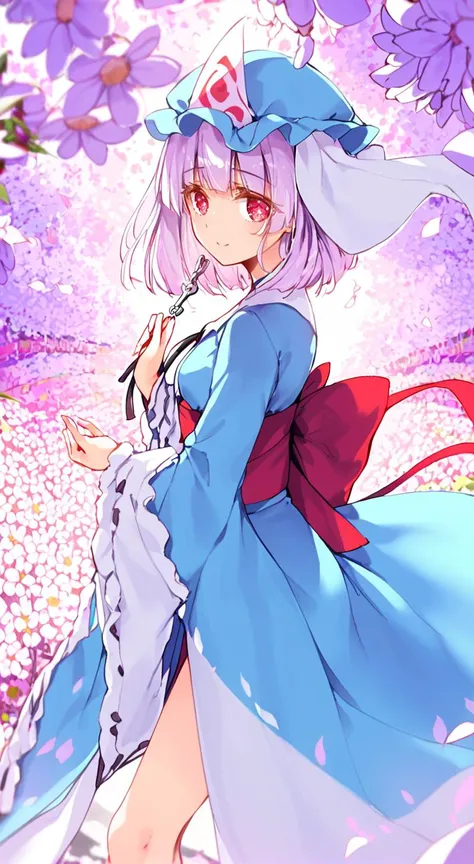 saigyouji yuyuko,hiten,1girl,solo,hat,standing,from front,bare leg,white_background,triangular_headpiece,simple_background,blue_kimono,flowers_on_clothes,many flowers,long_sleeves,wide_sleeves,(looking_at_viewer),;p,hitodama,obi,blush,sleeves_past_fingers,...