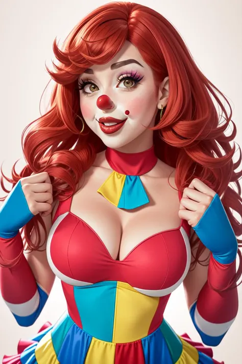 A cheerful  female clown, curly rainbow wig, red clown nose, exaggerated makeup, brightly colored tutu, colorful tight bodysuit, creative camera perspective, highly detailed digital painting, 4K resolution,  edgClussy,red clown nose, a woman wearing edgClu...