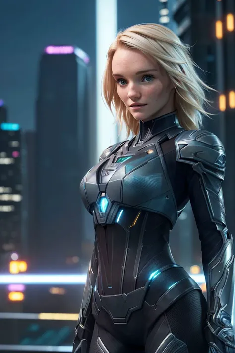 photo of S084_SammieDaniels, an attractive woman, in (futuristic-city), wearing a (mech-suit), (night:1.1), (8k, RAW photo, best quality, DOF, ultra high res:1.2), (absurdres, intricate, photorealistic, masterpiece, ultra-detailed, Unreal Engine:1.3)