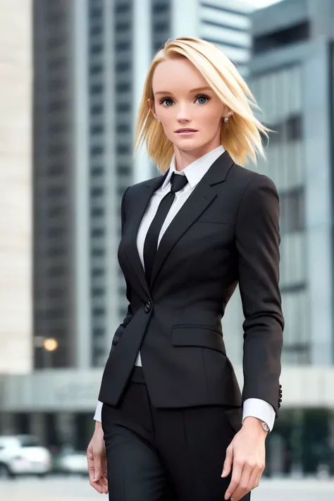 photo of S084_SammieDaniels, a cute woman, wearing a (black-suit and tie) and (pants), (white-shirt), (8k, RAW photo, best quality, DOF, ultra high res:1.2), (absurdres, intricate, photorealistic, masterpiece, ultra-detailed, Unreal Engine:1.3)