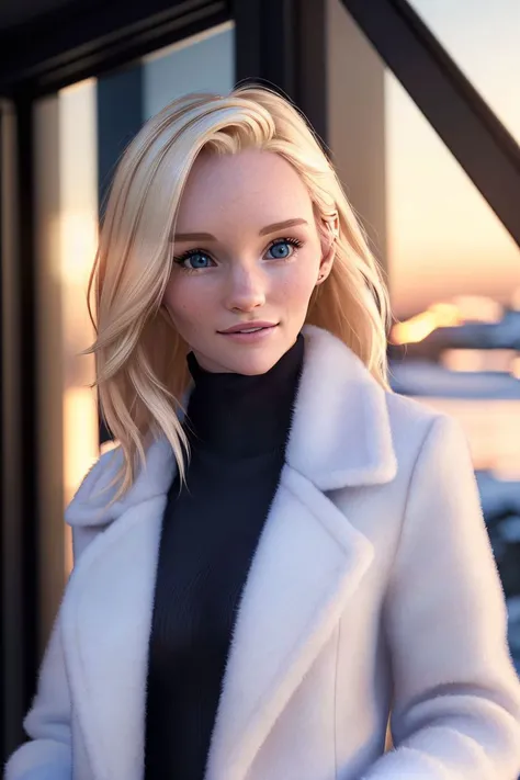 photo of S084_SammieDaniels, a gorgeous woman, on the (north pole), wearing a (winter-coat), (SFW:1.3), sunset, (8k, RAW photo, best quality, DOF, ultra high res:1.2), (absurdres, intricate, photorealistic, masterpiece, ultra-detailed, Unreal Engine:1.3)