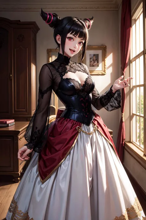 best quality, masterpiece, 1girl, (full sleeves gown and hoop skirt:1.2) jewelry, smile, (open mouth:0.8), 17th century bedroom, <lora:more_details:0.3> <lora:han_juri:0.8> han_juri, red eyes,