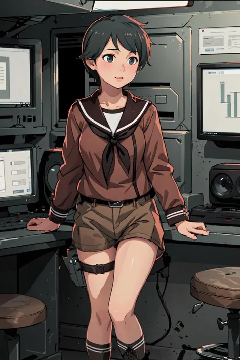 (masterpiece,best quality:1.2),MogamiKC, serafuku, (brown) sailor collar, (black) neckerchief, (brown) shorts, (black) socks, boots,1girl,standing,in warship control room,no windows,metal,crt monitors,tactical display, <lora:Mogami:1>