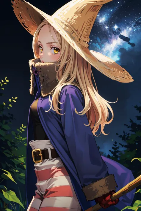 masterpiece, best quality,  <lora:FinalFantasy_FemaleBlackMage:1> BlackMageFFT, long hair, blonde hair, yellow eyes, witch hat, hat, covered mouth, blue coat, black shirt, belt, striped pants, gloves, forest, night sky, looking at viewer, furrowed brow, fr...