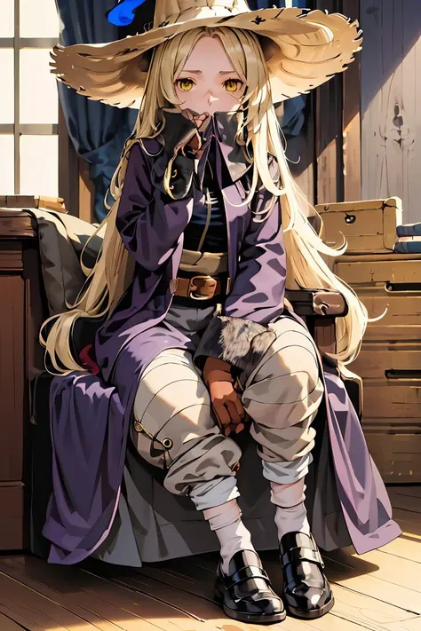 (masterpiece, best quality), 1girl,    <lora:FinalFantasy_FemaleBlackMage:1> BlackMageFFT, long hair, blonde hair, yellow eyes, witch hat, hat, covered mouth, blue coat, black shirt, belt, striped pants, gloves, shoes,