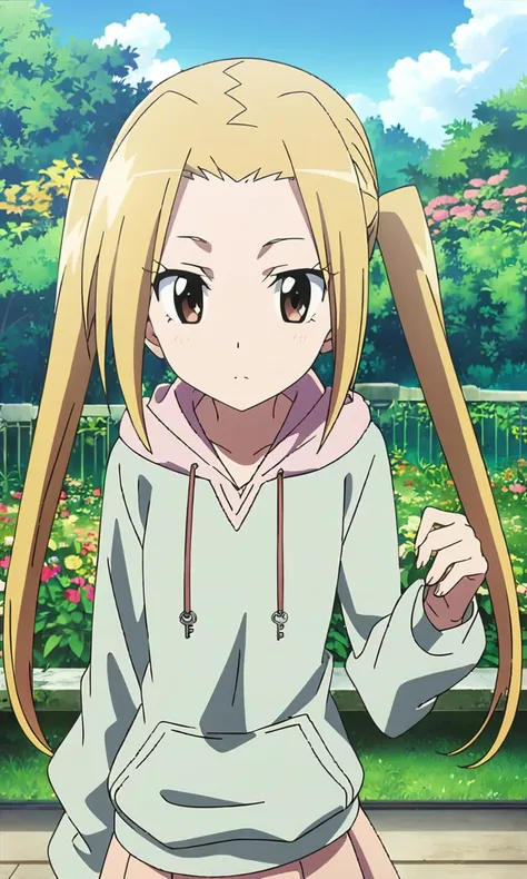 a woman with long blonde hair and a hoodie standing in front of a garden