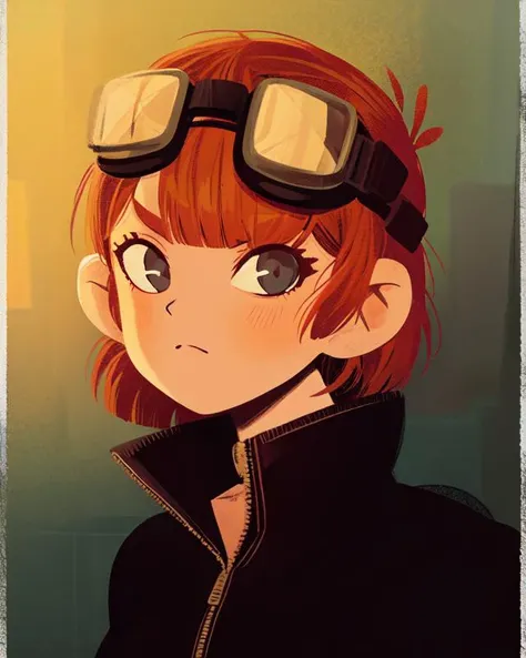 (realistic:0.8), mechanic woman portrait with very short orange hair, wearing a collared jumpsuit , (goggles on head :1.1) <lora:teoskaffa:1>, (best quality:1.1) (masterpiece:1.1)