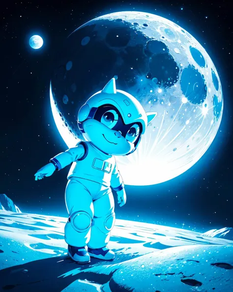 a cartoon astronaut walking on the moon with a blue background