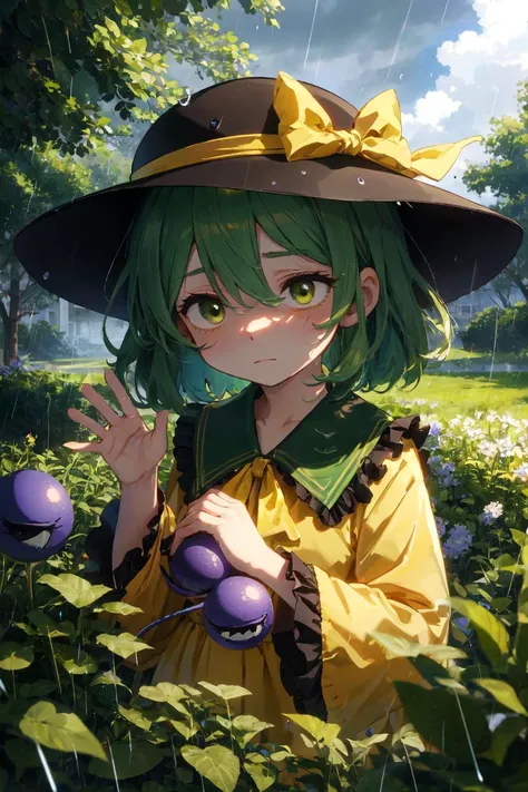 komeiji-koishi (empty-eyes:1.2) (bags-under-eyes:1.2) exhausted worried waving green-hair yellow-shirt medium-hair frilled-shirt-collar hat-ribbon frilled-sleeves green-bow black-headwear blouse hair-between-eyes yellow-ribbon yellow-bow hat-bow frills ban...