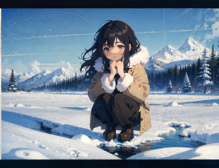 masterpiece,(1girl,portrait:1.3),solo,fur coat,fur boots,flowing hair,long-black-hair,squatting,own hands together,blue sky,clear sky,
BREAK
nature,outdoors,plains,arctic landscape,snowstorm,winter season, blue sky,clear sky,
BREAK
<lora:VECTORV1-TRIM:0.7>...