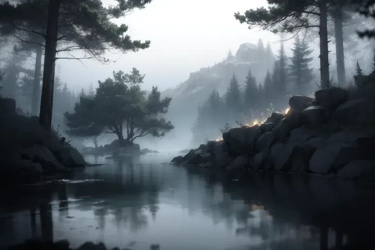 arafed view of a river with rocks and trees in the fog