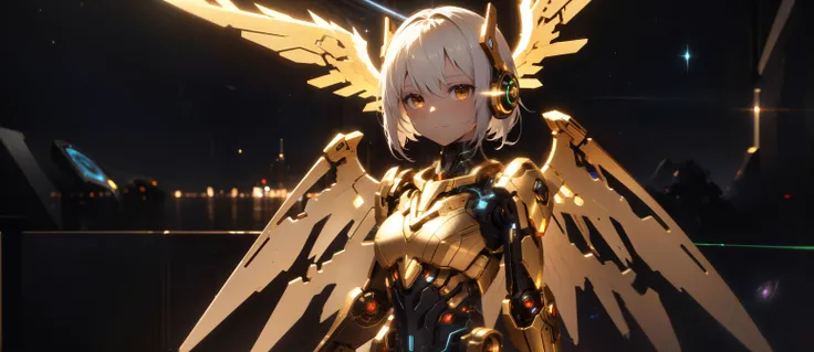 best-quality masterpiece highres 1girl solo android mechanical-limbs white-hair yellow-eyes mechanical-wings upper-body mechanical-parts gold-metal golden-outline soft-skin standing (cyberspace:1.5) Starry-sky depth-of-field bokeh Ambient-occlusion (detail...