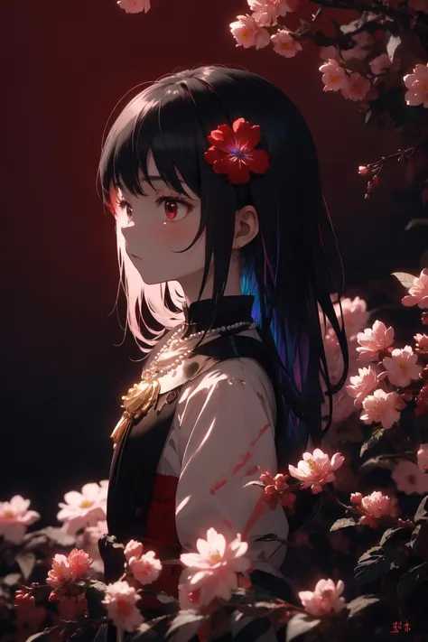 a girl with long hair and a flower in her hair