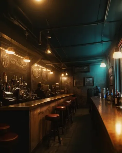 a close up of a bar with stools and a bar counter