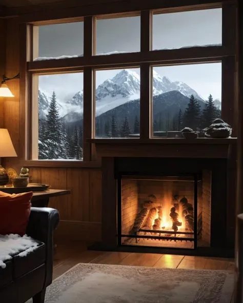 a close up of a fireplace in a living room with a mountain view