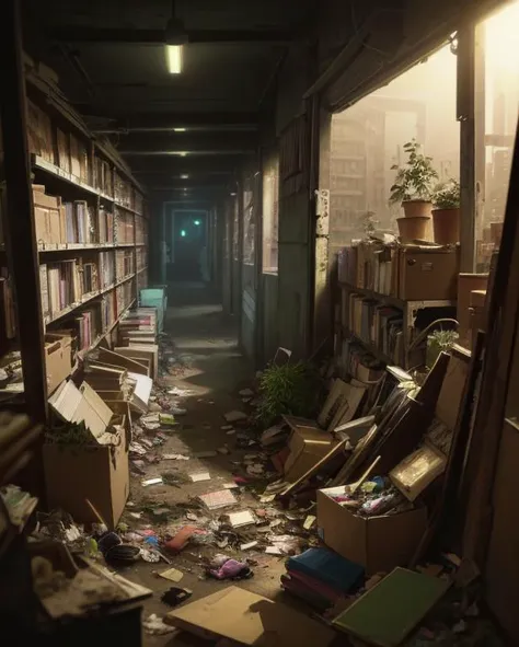 a room filled with books and trash next to a window