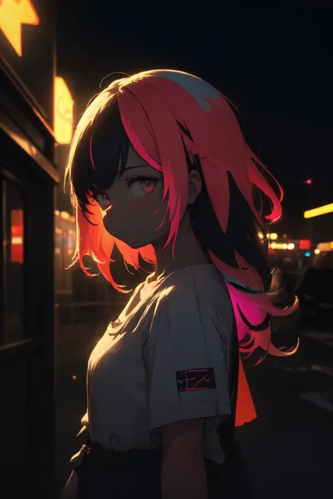 (masterpiece:1.1) (highest-quality:1.1) 1-girl highly-detailed-hair multicoloured-hair night neon-sign-backlight cinematic-lighting looking-to-the-viewer side-lighting complex-hairstyle midnight-vibe Depth-of-field