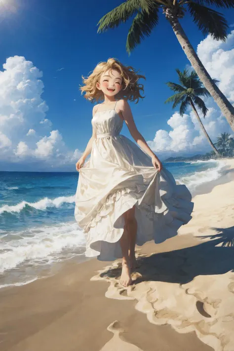 1girl, happy,
BREAK ballgown, sunny, clear_sky, 
BREAK waves, palm_tree, shore, sand, 