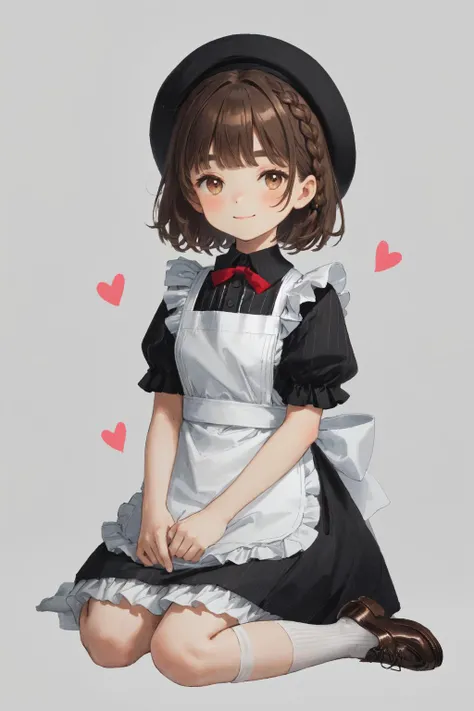 1girl animal apron bangs black_dress black_headwear bow braid brown_eyes brown_footwear brown_hair closed_mouth dress frilled_apron frills full_body grey_background hair_bow hat heart holding kneehighs kneeling looking_at_viewer puffy_short_sleeves puffy_s...