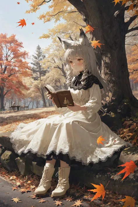 1girl, silver_hair, fox_ears, contemplative, daydreaming,

autumn, falling_leaves, maples, oak_trees,

laying, reading, book,

(dress/lace/cream), ankle_boots, pendant,